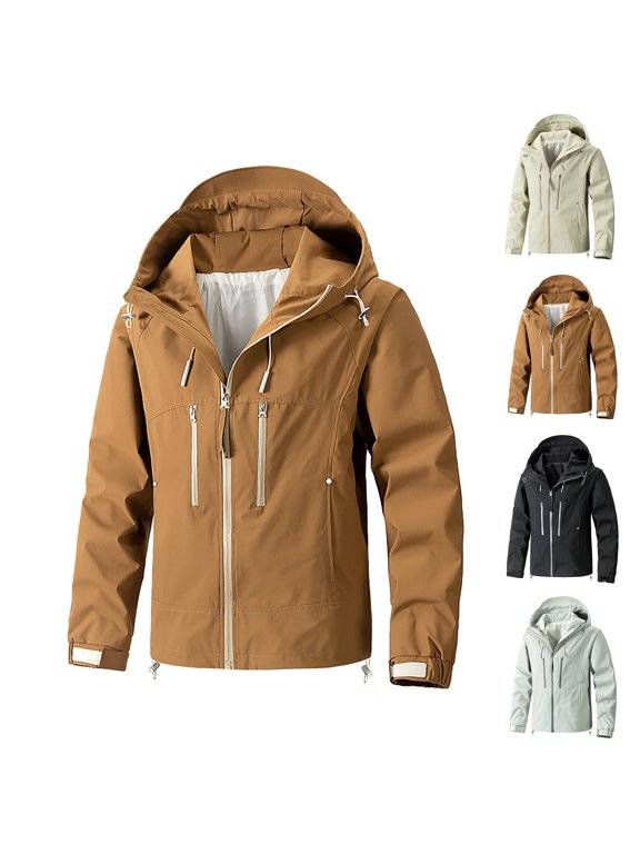 Mens Hooded Jacket Drawstring Long Sleeve Outer Coat Hiking Camping Outdoor Outerwear with Multi‑Zipper Pockets