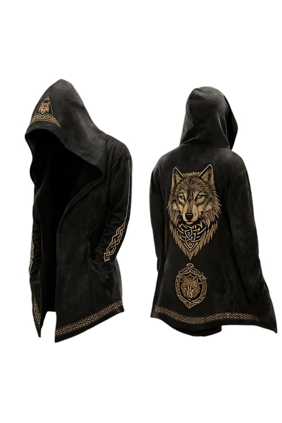 Mens Hooded Jacket Nordic Myth Mid Length Retro Biker Jacket Cardigan Spring Fall Black XXXL