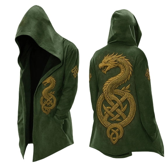 Mens Hooded Jacket Nordic Myth Mid Length Retro Biker Jacket Spring Fall Cardigan Green XXXL