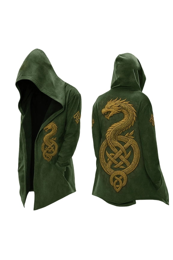 Mens Hooded Jacket Nordic Myth Mid Length Retro Biker Jacket Spring Fall Cardigan Green XXXXL