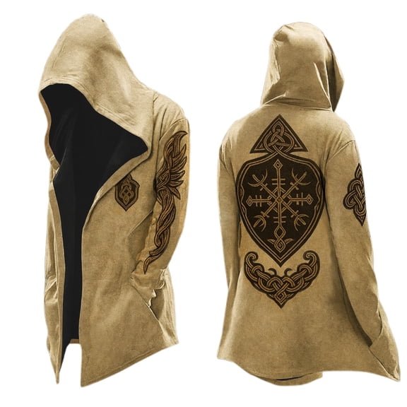 Mens Hooded Jacket Nordic Myth Mid Length Retro Biker Jacket Spring Fall Cardigan Khaki L