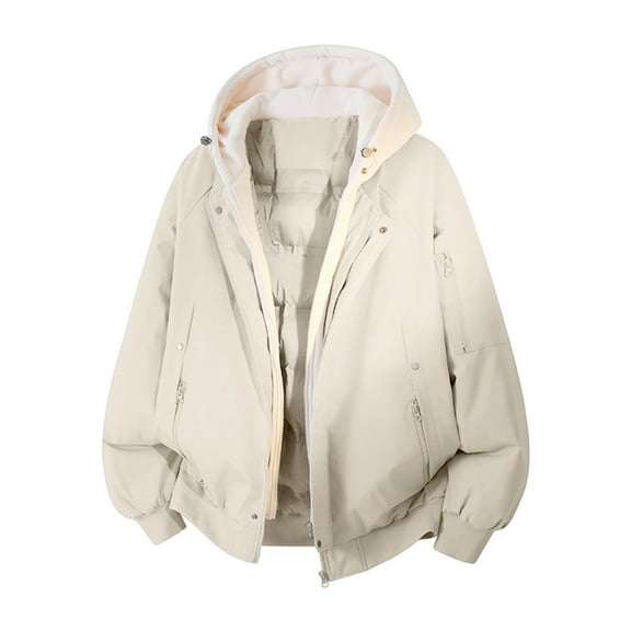 Mens Hooded Jackets Front Zip Button Down Patchwork Outwear Fake Two Piece Thermal Casual Loose Coat With Zipper Pockets (L, Beige)