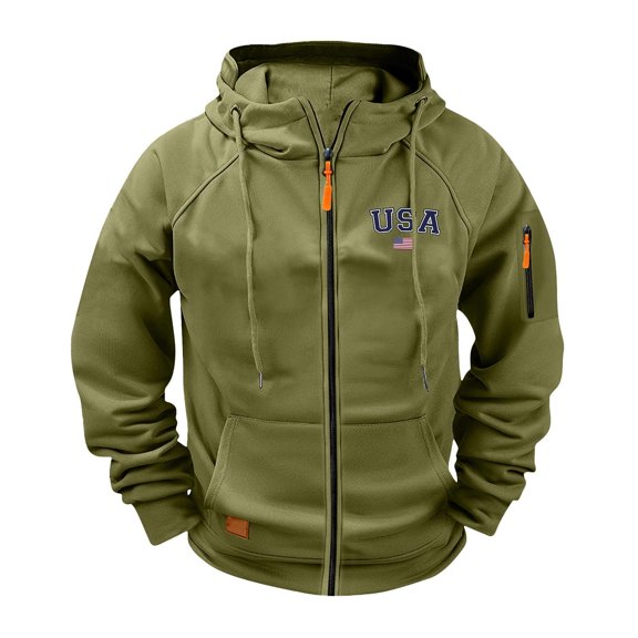 Mens Hooded Jackets Stand Collar Full Zip Drawstring Print Outwear Casual Sports Stylish Outwear With Multi Pockets (3XL, Green)