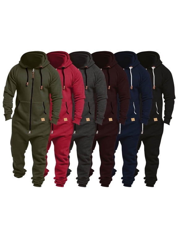 Mens Hooded Jumpsuit Full Zip Up Onesie Work Coverall Plus Size One Piece Overalls Suit with Pockets