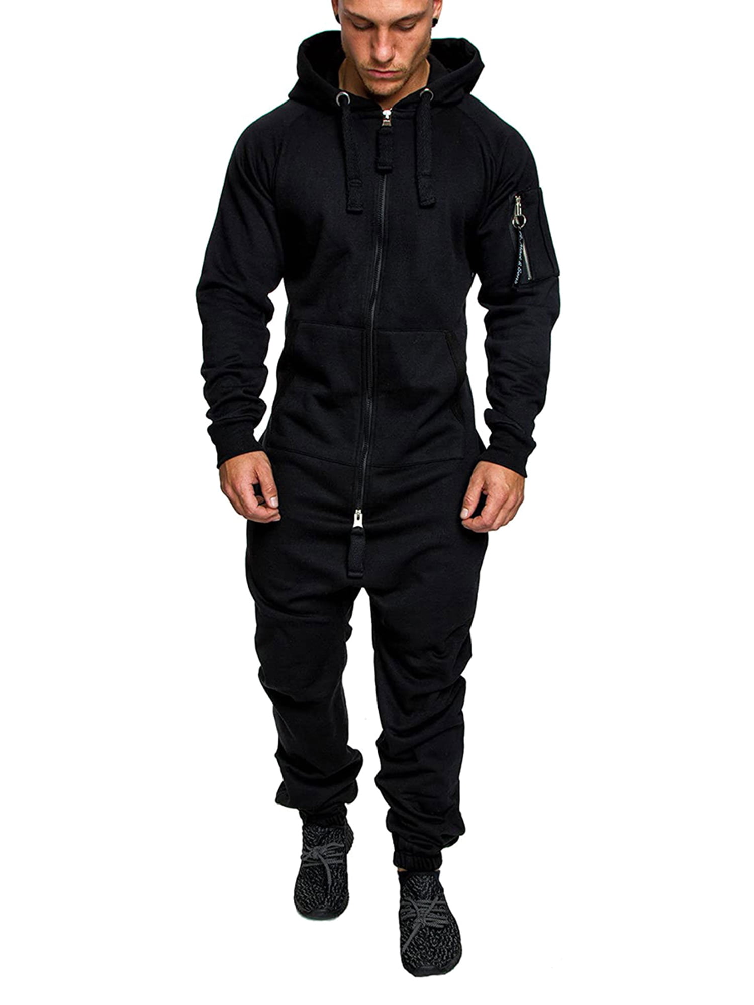 Mens Hooded Jumpsuit Zip Up Long Sleeves Romper Fitting Casual Sports