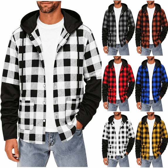 Mens Hooded Plaid Flannel Shirts Button Down Long Sleeve Casual Shirt Jacket with Pockets Hooded Drawstring Tops
