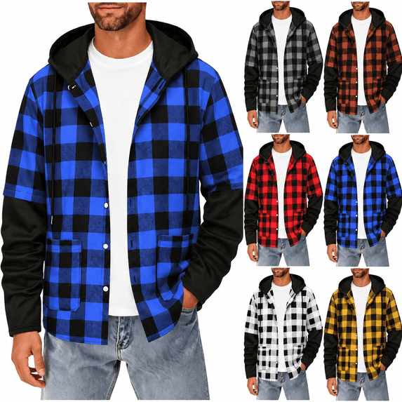 Mens Hooded Plaid Flannel Shirts Button Down Long Sleeve Casual Shirt Jacket with Pockets Hooded Drawstring Tops