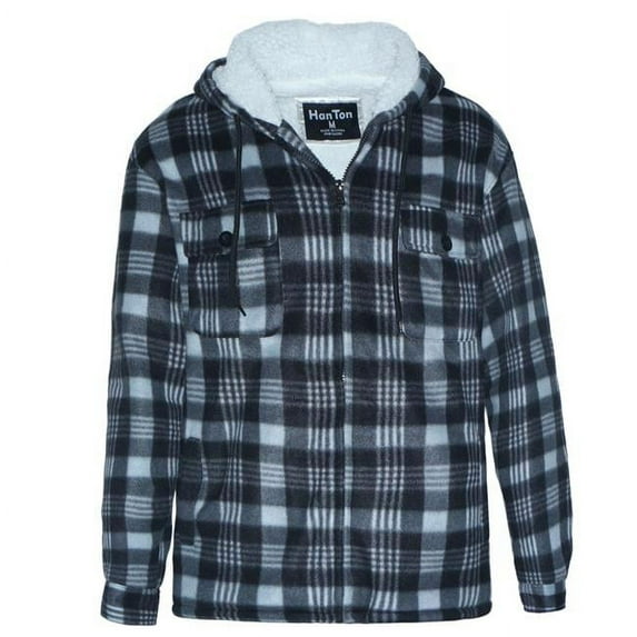 Mens Hooded Plaid Fleece Jackets, Black - Small & 2XL - Case of 12