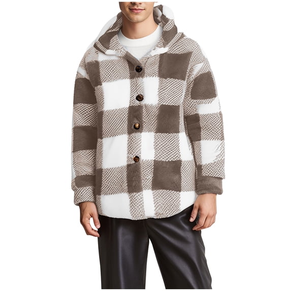 Mens Hooded Plaid Sweater Jackets Button Down Coat Long Sleeve Soft Fleece Plush Fuzzy Winter Outerwear S-5XL (3XL, Khaki)