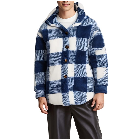 Mens Hooded Plaid Sweater Jackets Button Down Coat Long Sleeve Soft Fleece Plush Fuzzy Winter Outerwear S-5XL (XL, Blue)