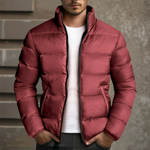 Mens Hooded Puffer Jacket Winter Coats Zip Up Color Blocked Warm Outerwear with Pockets