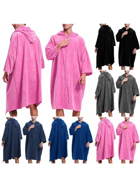 Mens Hooded Robes Loose Long Sleeve Zipper Bathrobe Oversized Bath Towelling Poncho Casual Changing Towel