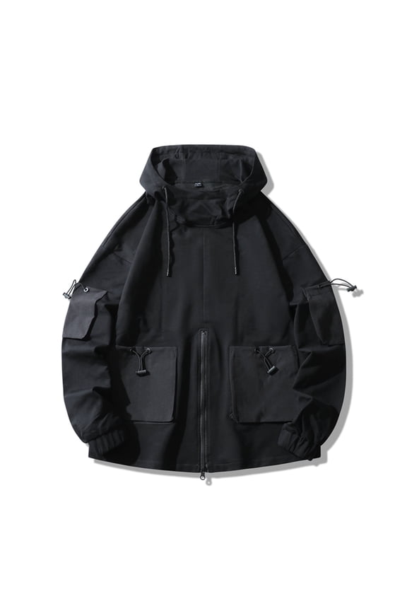 Mens Hooded Solid Color Coat Long Sleeve Letter Print Coat Zipper Multi Pocket Autumn Jacket