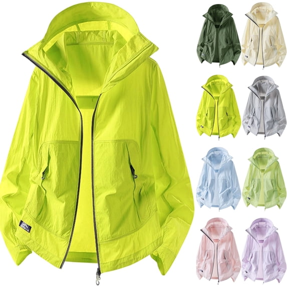 Mens Hooded Sun Protection Windbreaker Jacket Mask Lightweight Breathable Athletic Coat with Zip Pockets for Fishing Hiking Climbing, Green, XS