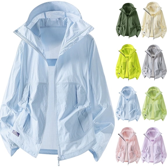 Mens Hooded Sun Protection Windbreaker Jacket Mask Lightweight Breathable Athletic Coat with Zip Pockets for Fishing Hiking Climbing, Light Blue, XL