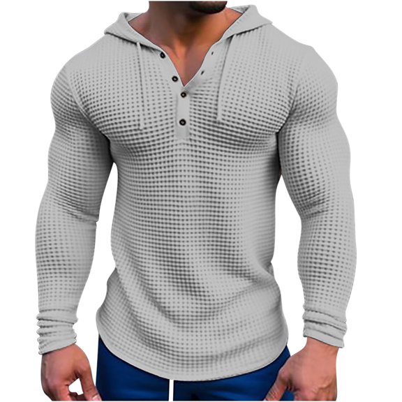 Mens Hooded Sweatshirt Casual Long Sleeve Drawstring Waffle Knit Sweaters Muscle Shirts Pullover Hoodies Fashion Gym Athletic Workout Hooded Henley Shirts 1/4 Button Drawstring Hooded Sweatshirt