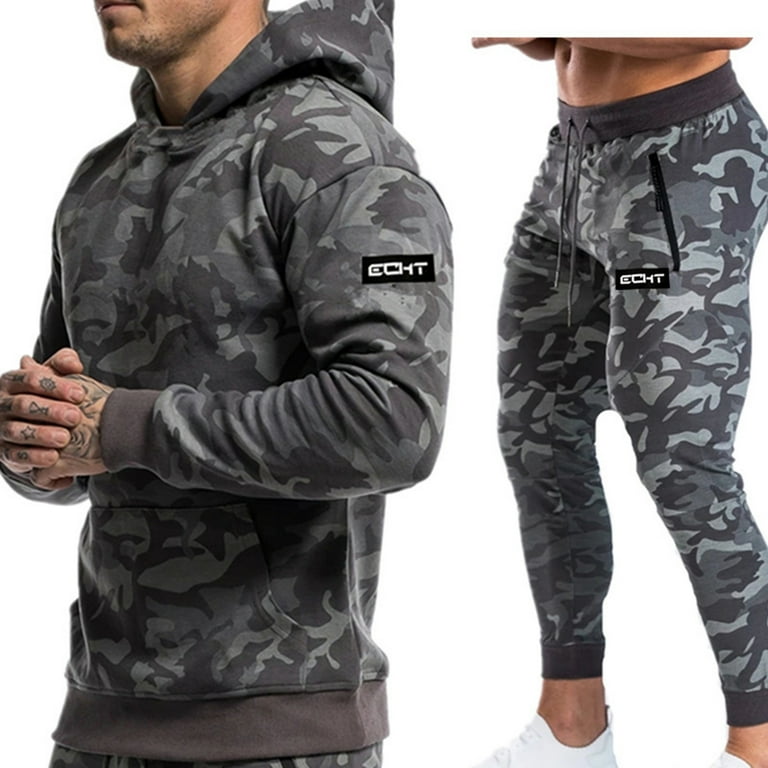 Mens Hooded Sweatsuits Suits Tracksuit 2 Piece Medium and Long Pullover Loose Camouflage Fashion Youth Casual Sports Jogging Walmart
