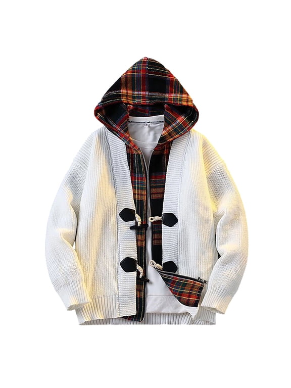 Mens Hooded Toggle Button Zip Up Knit Cardigan, Plaid Lined Chunky Knit Hooded Sweater Jacket, Loose Warm Winter Hooded Cardigan Coat