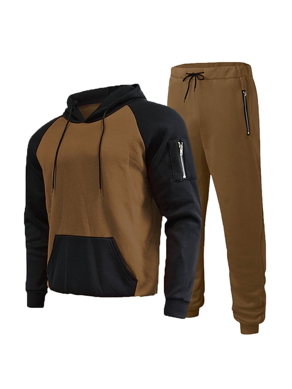 Mens Hooded Track Suits 2 Piece Set Sweatpant and Hoodie Set Hooded Sweatshirt Cell Phone Pocket Fleece Jogger Sweatpant Slim Jogging Suits Sets Sports Sweatsuit Travel Matching Lounge Set