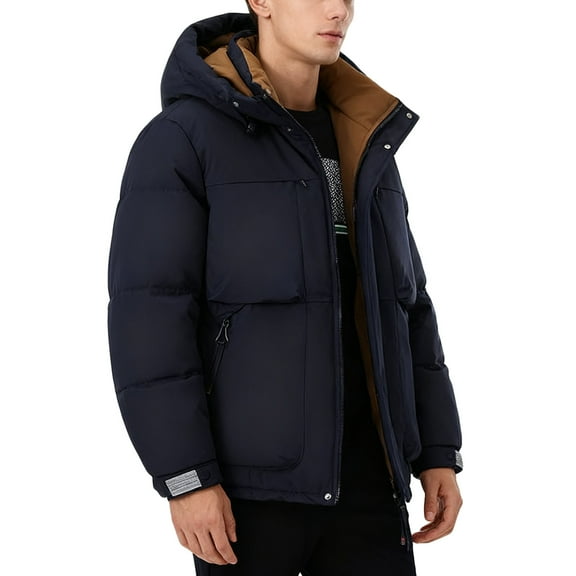 Mens Hooded Winter Jackets Stand Collar Front Zip Button Down Coat Thicken Thermal Casual Cardigan With Pockets (L, Blue)