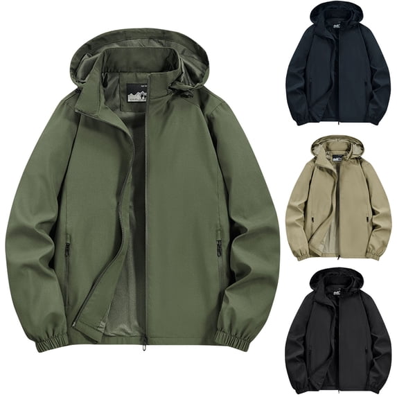 Mens Hooded Zip Up Windbreaker Jacket Elastic Cuffs Outdoor Outerwear with Zipper Pockets for Hiking Camping Travel