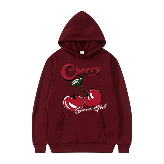 Mens Hoodie Cherry Pattern Pullover Long Sleeve Drawstring Casual Comfortable Durable Mens Sweatshirt