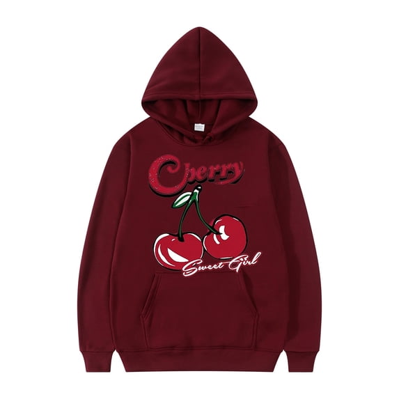 Mens Hoodie Cherry Pattern Pullover Long Sleeve Drawstring Casual Comfortable Durable Mens Sweatshirt