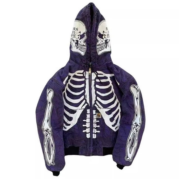 Mens Hoodie Fall Sweatshirt Skeleton Pattern Full Zip Thin Hooded Cardigan Mens Casual Clothing,Purple,M