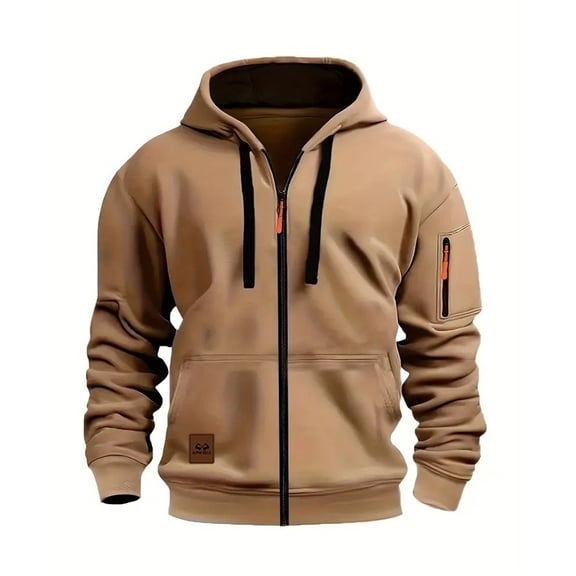 Mens Hoodie Fall Sweatshirt Zip Up Full Zip Fleece Jacket Front Pockets Mens Casual Clothing,Khaki,S