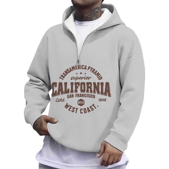 Mens Hoodie Fall Tops Quarter Zip Letter Print Soft Inner Daily Wear Mens Autumn and Winter Clothes,Light Gray,S