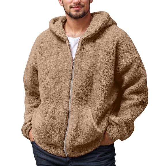 Mens Hoodie Fall Tops Soft Zippered Front Pockets Outerwear Sweaters for Men,Khaki,L