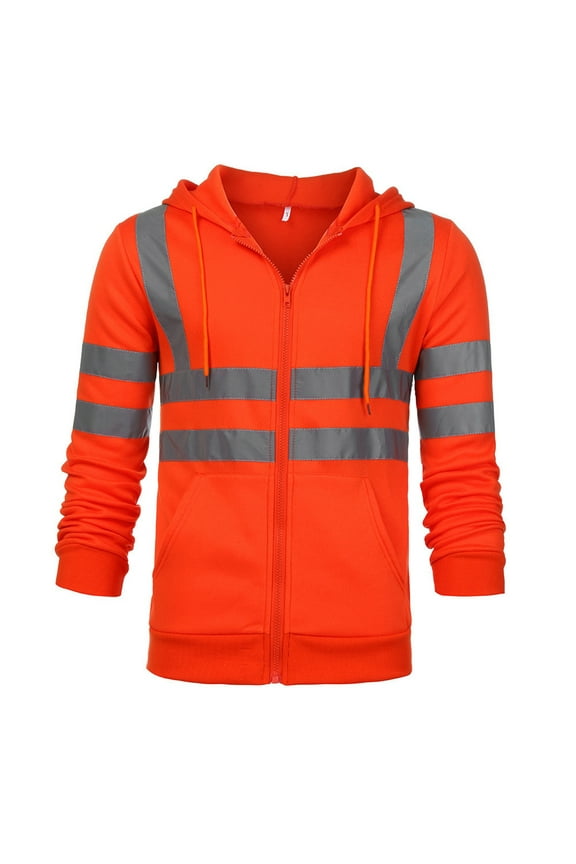 Mens Hoodie Jacket Casual Long Sleeve Jackets with Reflective Strip Construction Workwear, Orange, 2XL