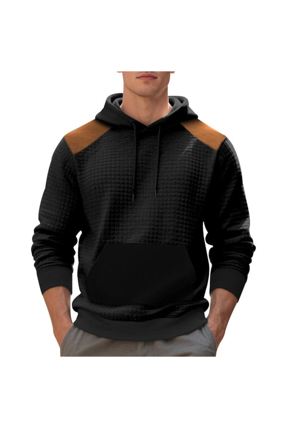 Mens Hoodie Long Sleeve Fashion Pullover Sweatshirts Shoulder and Elbow Suede Patchwork with Kangaroo Pockets