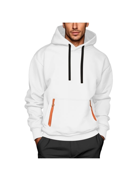 Mens Hoodie Pullover Classic Hooded Fleece Top Plain Long Sleeve Sweatshirt Pull Over Jumper Hoody Top White XXL