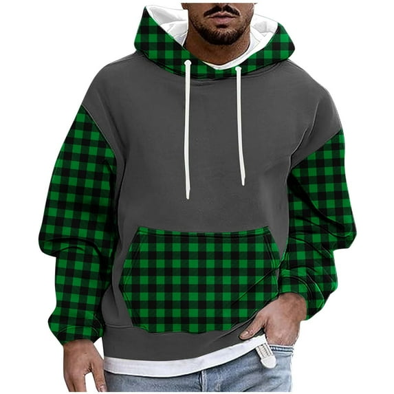 Mens Hoodie Pullover Color Block Sweatshirts Long Sleeve Hoody Drawstring Casual Tops with Pockets Green XXXL