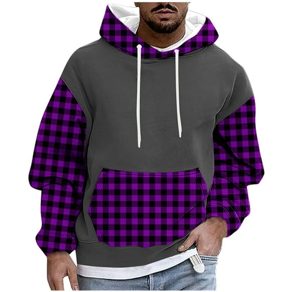 Mens Hoodie Pullover Color Block Sweatshirts Long Sleeve Hoody Drawstring Casual Tops with Pockets Purple XL