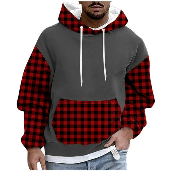 Mens Hoodie Pullover Color Block Sweatshirts Long Sleeve Hoody Drawstring Casual Tops with Pockets Red L