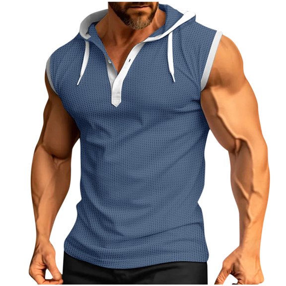 Mens Hoodie Pullover Waffle Drawstring Button Down Sleeveless Streetwear Vacation Travel Tops Fathers Gift