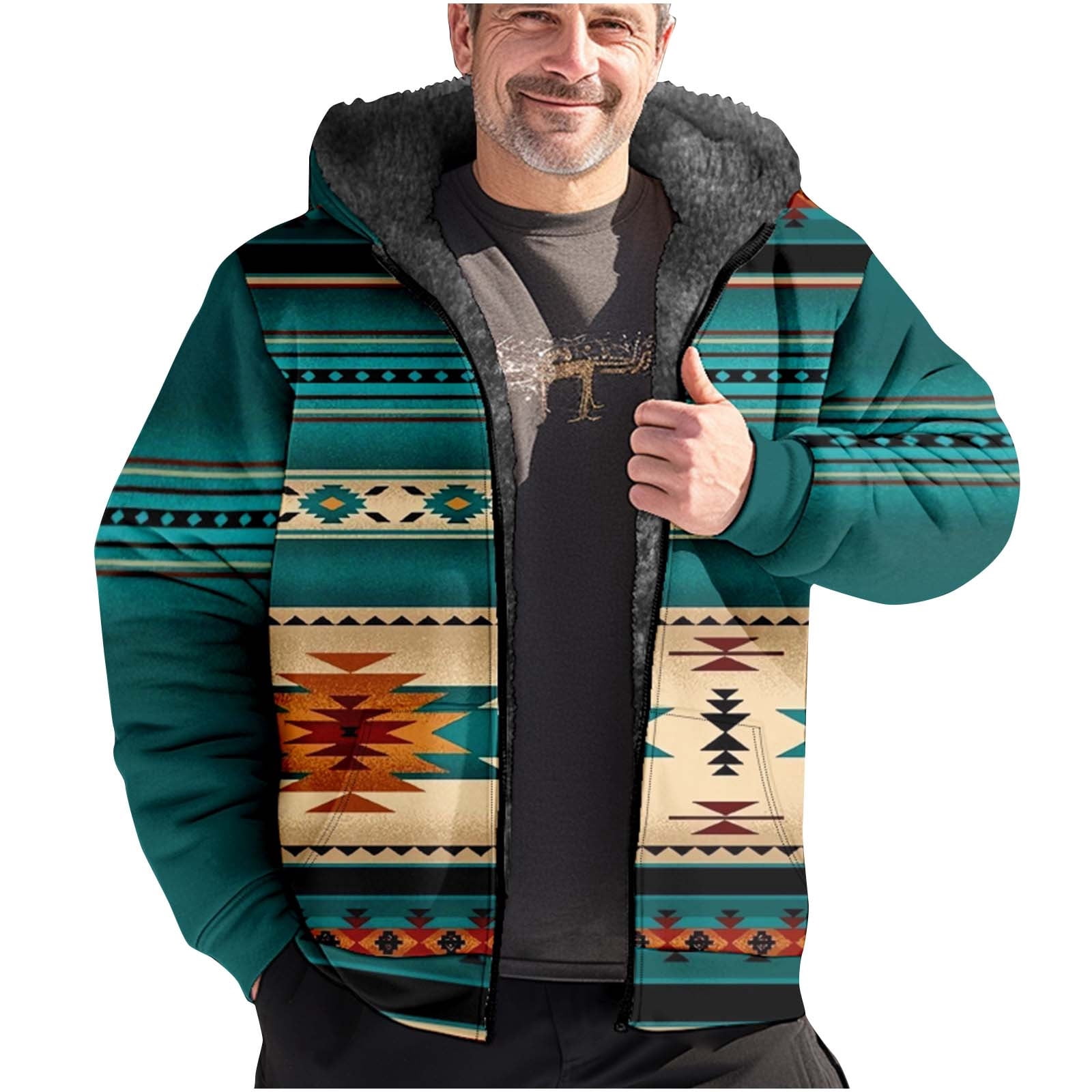 Mens Hoodie Sherpa Fleece Lined Winter Coats Western Style Geometric