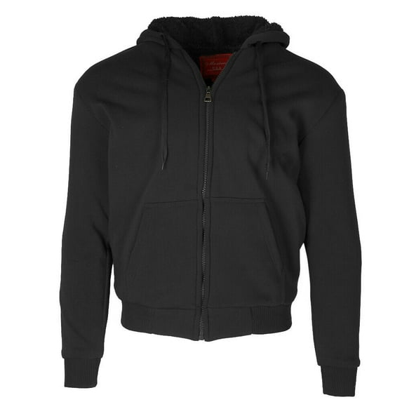 Mens Hoodie Sherpa Lined Polyester Fleece Full Zip Long Sleeve Hooded Sweatshirt, Black, 2XL