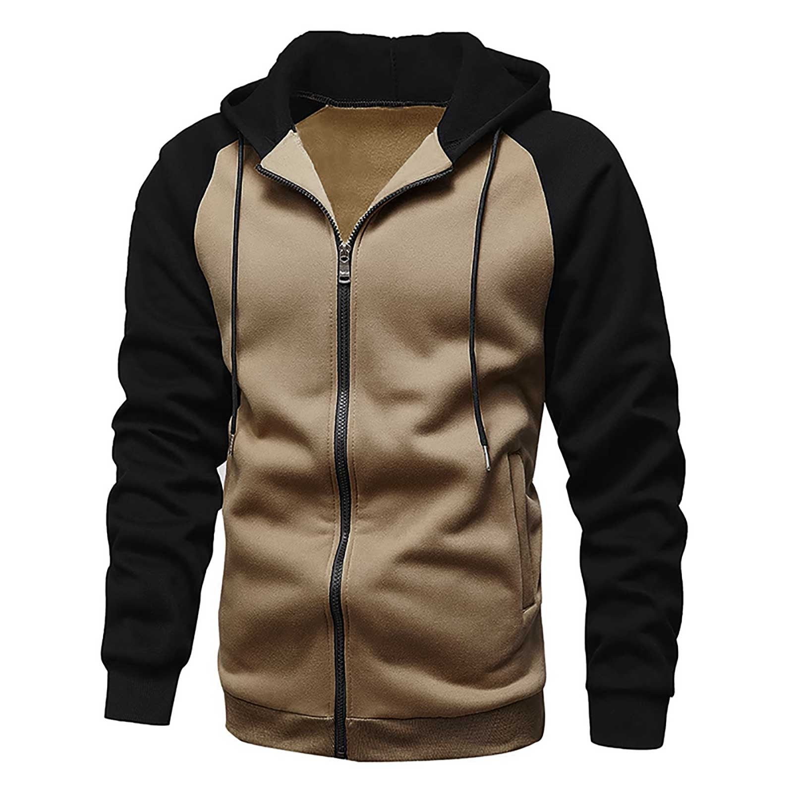 Mens Hoodie Sweatshirt Zip Up Color Block Casual Drawstring Zip Jackets  with Hood Khaki Size 2XL