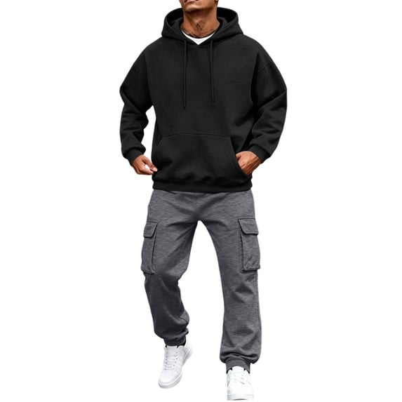 Mens Hoodie Tracksuit 2 Piece Sweatsuit Long Sleeve Hooded Sweatshirt and Drawstring Waist Sweatpants Jogging Matching Sets with Pockets Black L