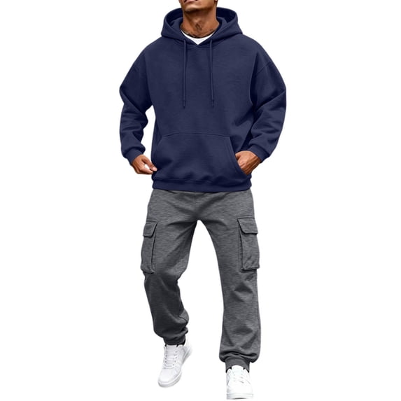 Mens Hoodie Tracksuit 2 Piece Sweatsuit Long Sleeve Hooded Sweatshirt and Drawstring Waist Sweatpants Jogging Matching Sets with Pockets Navy 2XL
