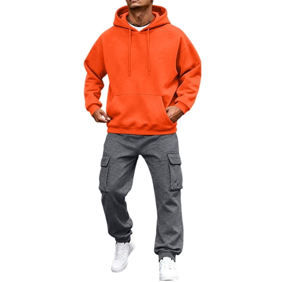 Mens Hoodie Tracksuit 2 Piece Sweatsuit Long Sleeve Hooded Sweatshirt and Drawstring Waist Sweatpants Jogging Matching Sets with Pockets Orange 2XL