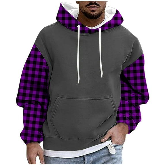 Mens Hoodie Zip up Hoodies Color Block Hooded Sweatshirt Long Sleeve Patchwork Tops with Pockets Purple M