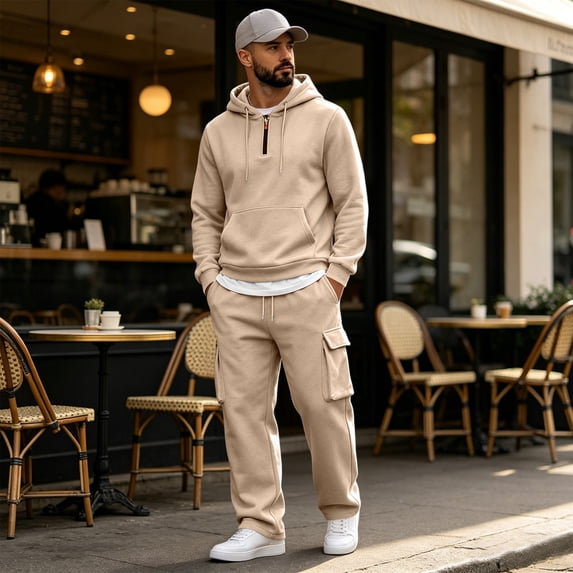 Mens Hoodie and Cargo Sweatpants Set Fall Winter Casual Long Sleeve Top and Utility Pants 2 Piece Outfit