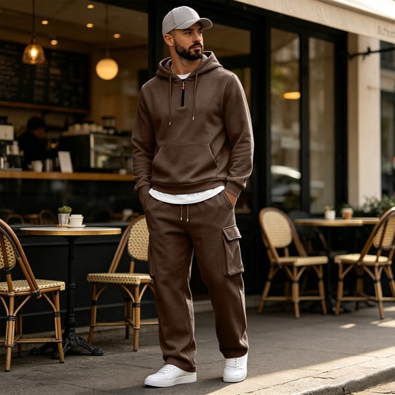 Mens Hoodie and Cargo Sweatpants Set Fall Winter Casual Long Sleeve Top and Utility Pants 2 Piece Outfit
