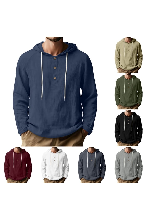 Mens Hoodie with Button Cotton Linen Lightweight Plain Pullover Drawstring Spring Summer Sweatshirt Tops (2XL, Navy)