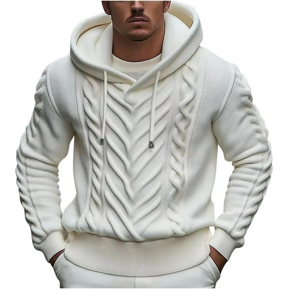 Mens Hoodies Cable Knit Solid Color Sweatshirts White Hoodie Spring Fall Long Sleeve Tops Casual Hooded Wool Pullovers with Pockets Sweaters Active Wear Hoody Men's Clothes 2025
