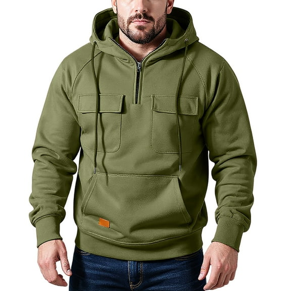 Mens Hoodies Casual Half-Zip Hoodie Sweatshirt With Drawstring Hood Front Pockets Long Sleeve Pullover Soft Cotton Blend,Size S-2XL